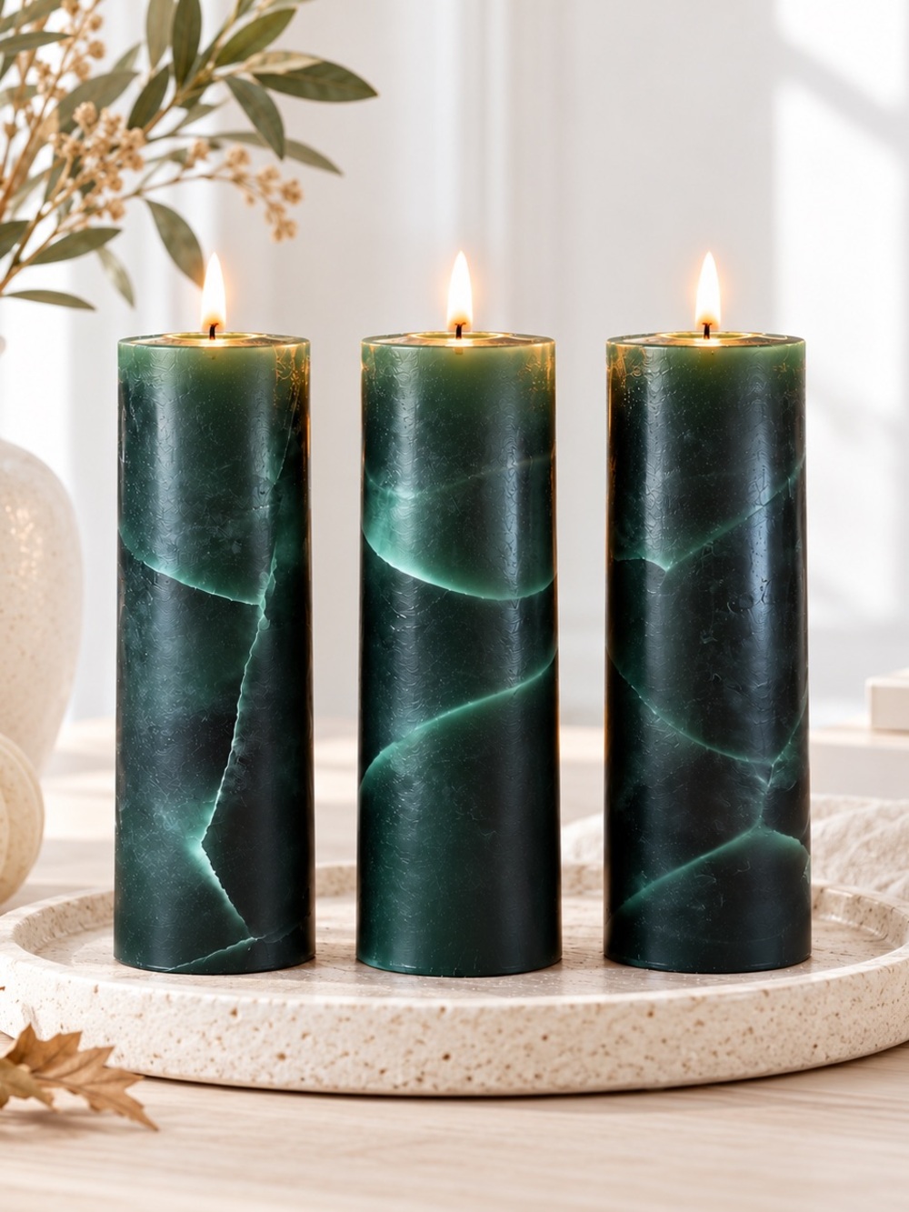 Hunter Green Pillar Candle Set of 3 Fall Halloween Thanksgiving Christmas Decor
